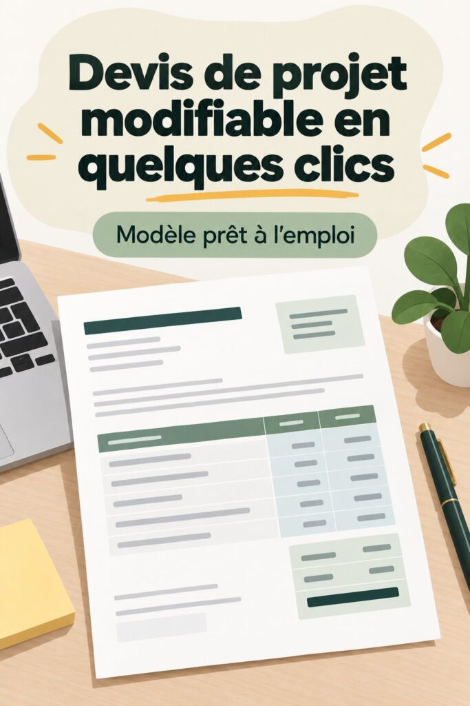 Un modèle de devis de projet affiché sur un ordinateur avec Canva, illustrant la personnalisation facile.