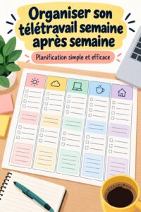 Femme utilisant un planner hebdomadaire pour organiser son télétravail