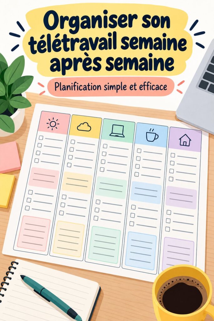Femme utilisant un planner hebdomadaire pour organiser son télétravail