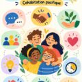 Principe de cohabitation sereine illustré par des personnes heureuses partageant un espace ensemble.