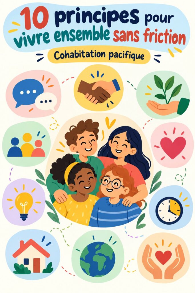 Principe de cohabitation sereine illustré par des personnes heureuses partageant un espace ensemble.