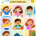 Un enfant souriant lors d'une routine matinale paisible avec sa mère, intégrant des moments de partage et d'organisation.