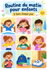 Un enfant souriant lors d'une routine matinale paisible avec sa mère, intégrant des moments de partage et d'organisation.