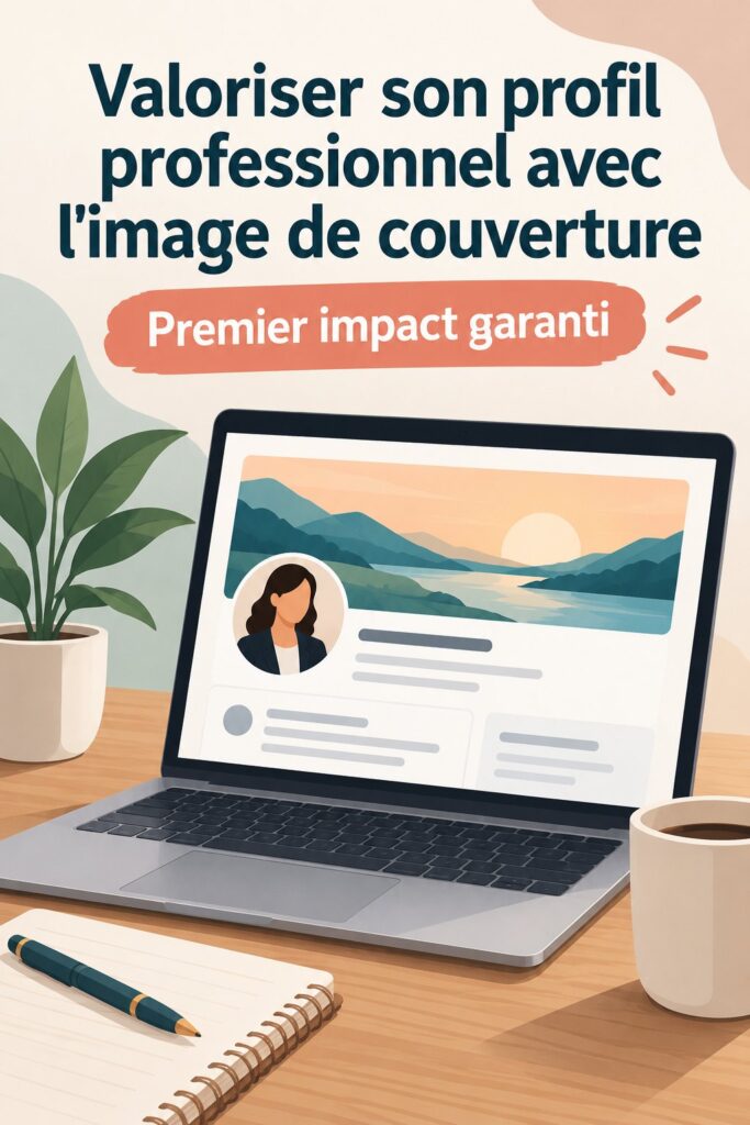 Un ordinateur affichant un profil LinkedIn professionnel avec une image de couverture élégante.